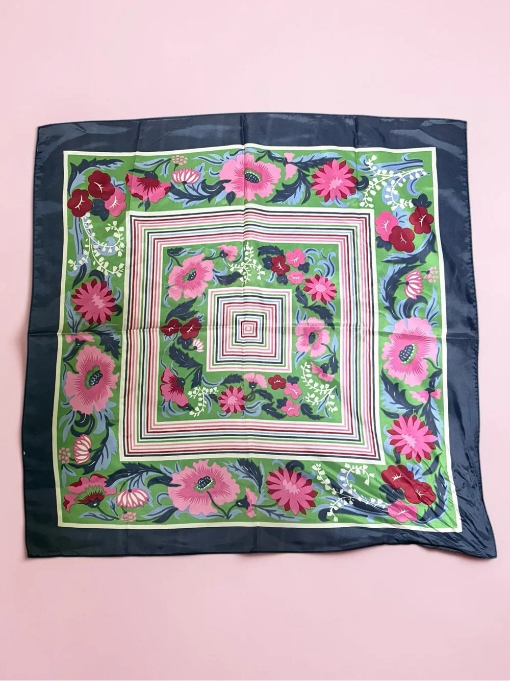Floral Square Silk Scarf in Pink, Green & Navy